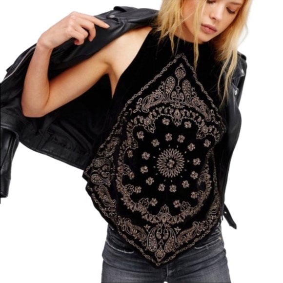Free People Tops - SOLD Free People Black Velvet Gold Embroidered Bandana Top Sz L